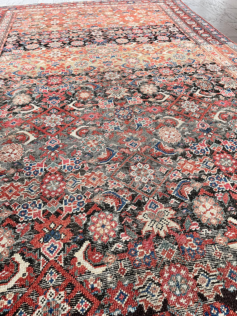 an antique bakshaish rug with a floral trellis pattern on a dark brown field