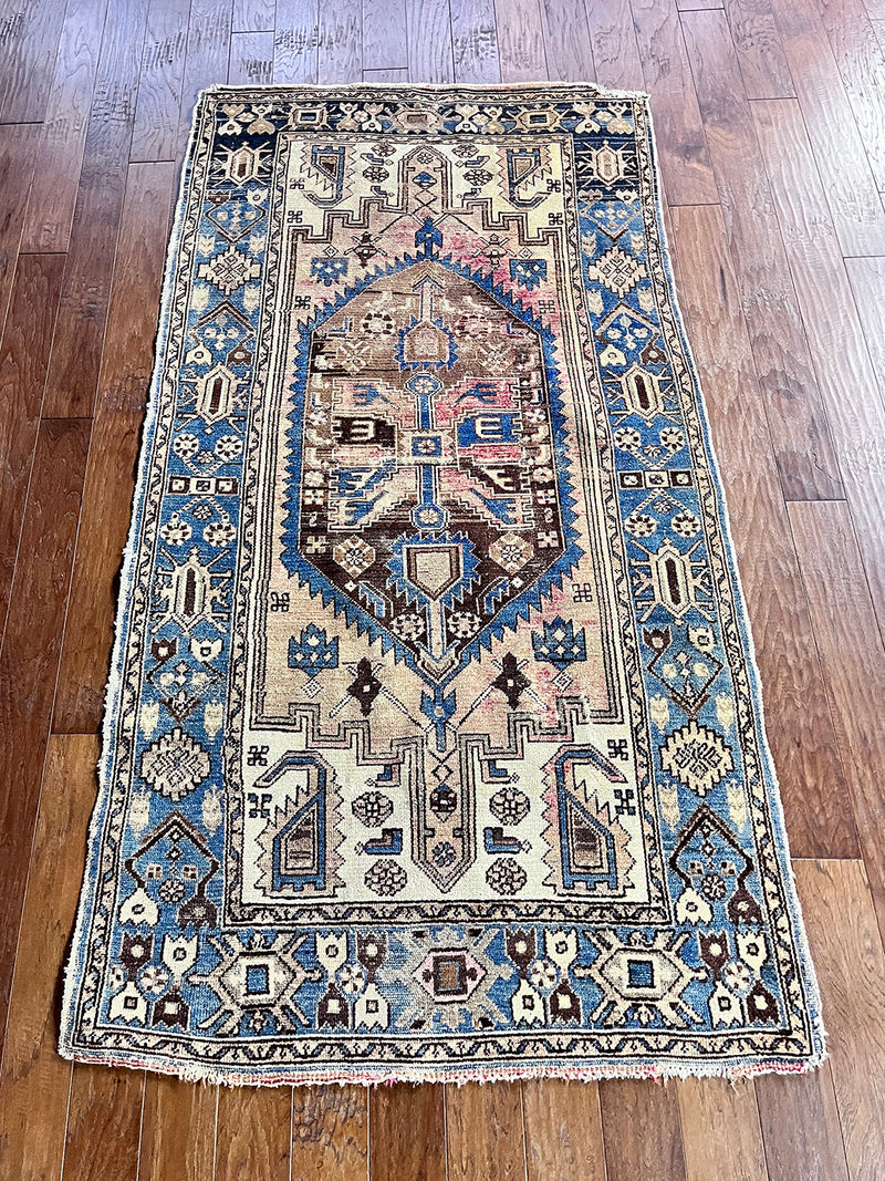 an antique hamadan rug with a soft pink field, a powder blue border and brown and cream accents