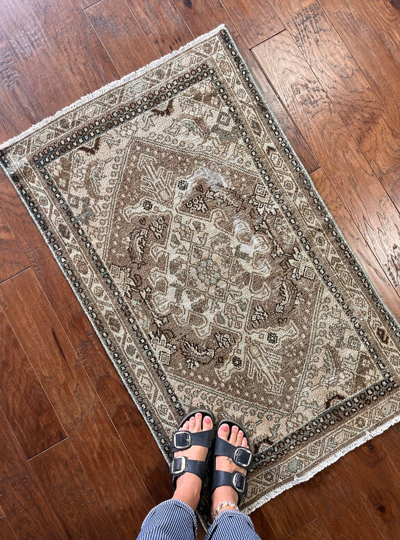 a mini malayer rug with a taupe field and cream accents