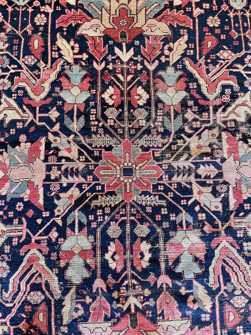 a large antique heriz rug with a dark blue field and a bright coral and pink border