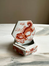 little hand painted chinese dragon trinket box in white ceramic with orange paint