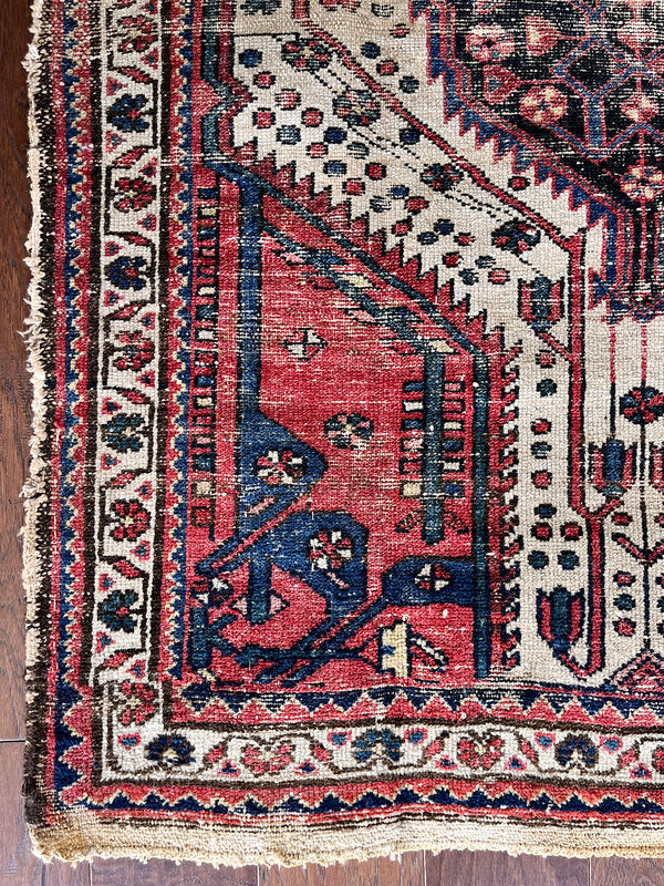 an antique hamadan rug with a pink and midnight blue palette with ivory details