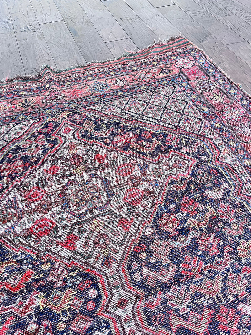 an antique qashqai rug with a red and navy blue palette