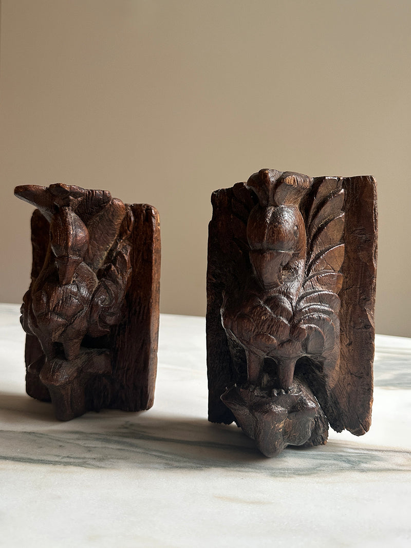 Set of carved oak peacock corbels II