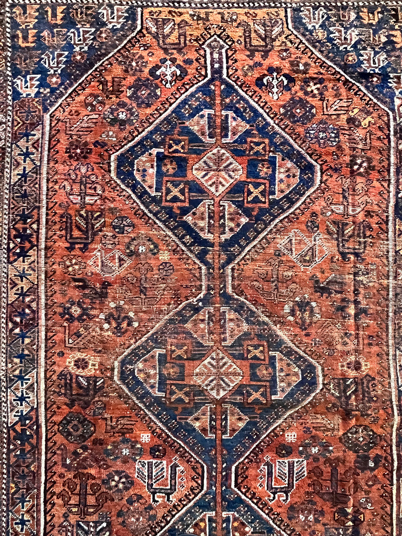 a large vintage qashqai rug with a burnt orange field and blue medallions