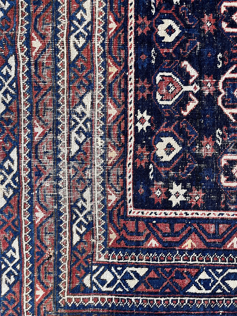 an antique caucasian shirwan rug with a navy blue field and a red border