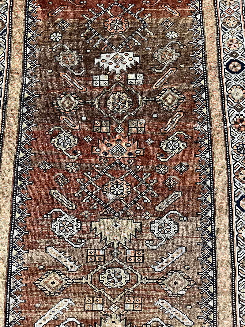 an antique northwest persian runner with a camel, taupe and coral palette and a cream border