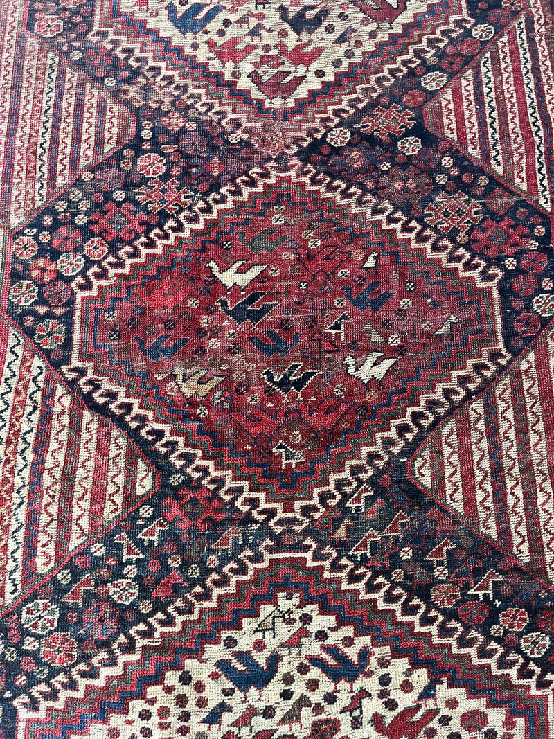 an antique qashqai rug with unusual stripe pattern, 3 central medallions and bird motifs