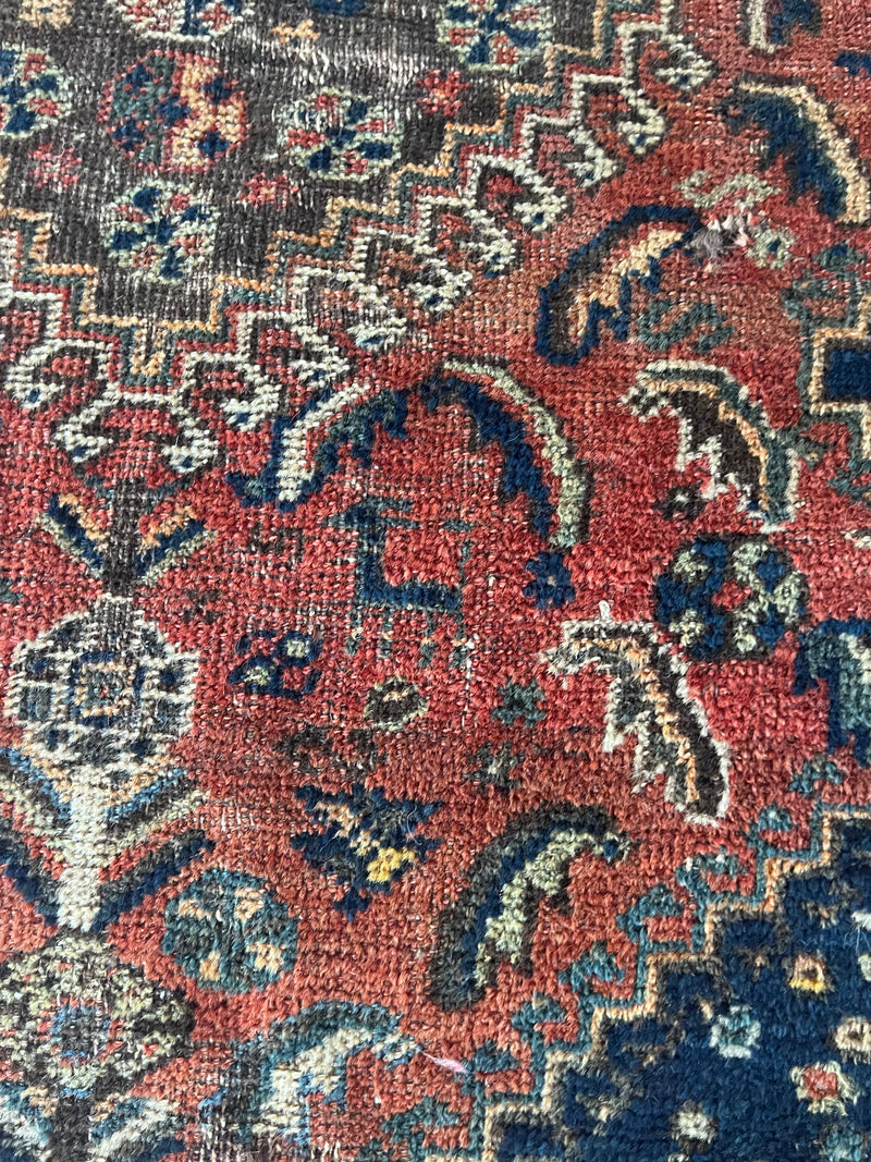 a mini shiraz rug with coral and navy blue accents