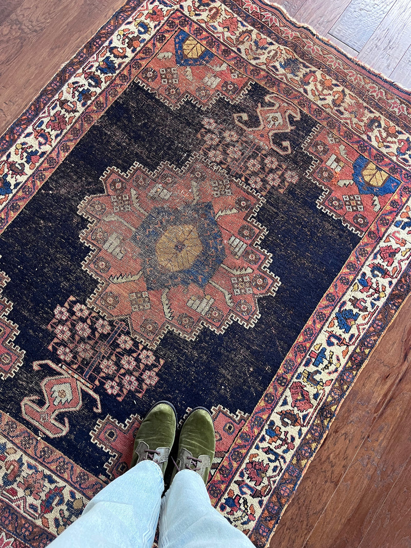 an antique afshar rug with a dark indigo field and earthy accents